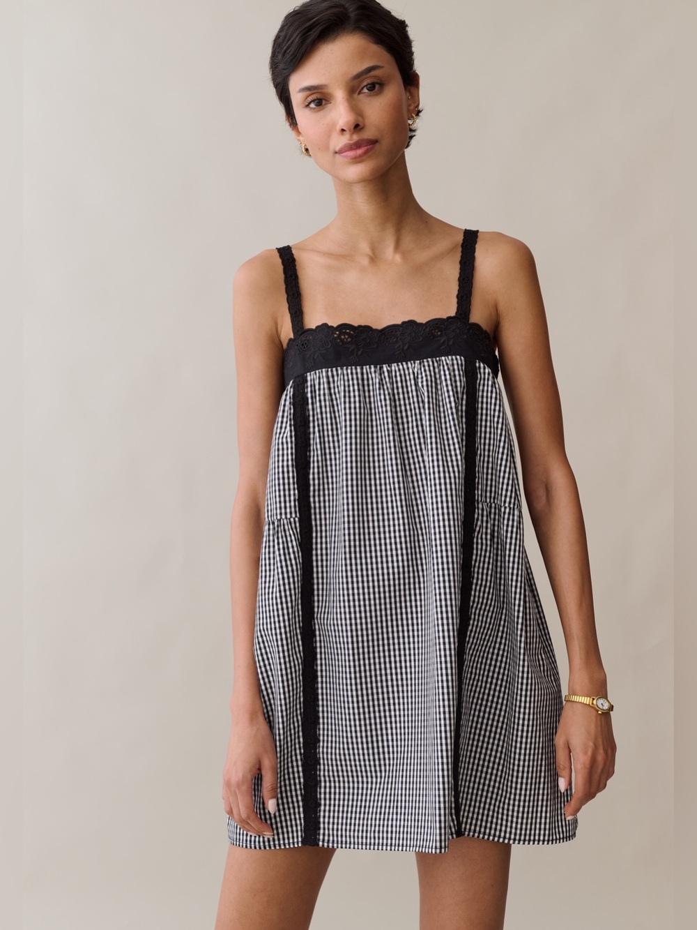 Few Moda Kourt Florence Cotton Black Gingham Lace-Trim Dress